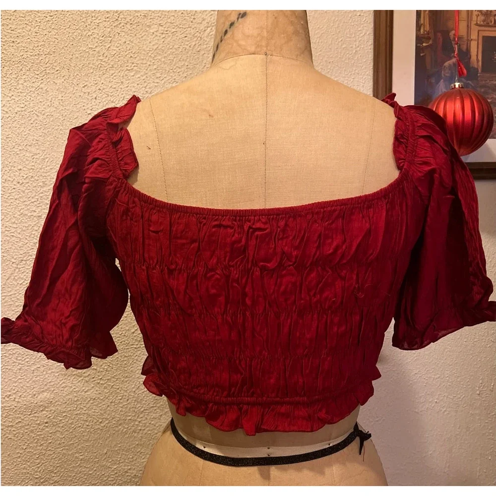 Dark Red Square Neck Ruffled Lantern Sleeve Cropped Top NWT Size L - Picture 7 of 10